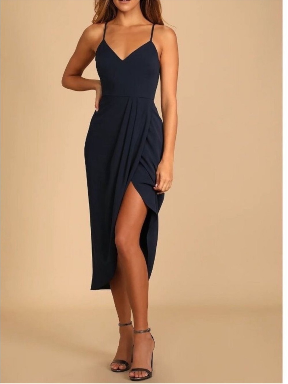 Lulu's Navy Spaghetti-Strap Midi Dress with Wrap Skirt